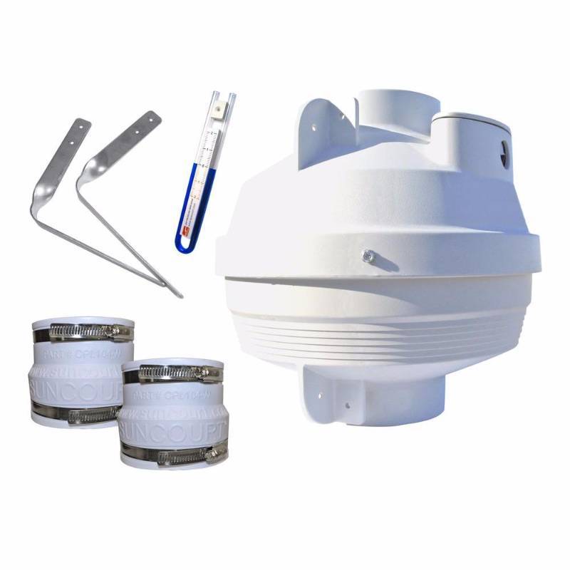 lot 50102 image: Suncourt Exhaust Fans Radon Mitigation Fan Kit 4 in. Fan with 4 in. to 4 in. Couplers and Air Pressure Indicator RDK04
