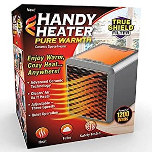 lot 2322 image: Ontel Handy Heater Pure Warmth 1200 Personal Ceramic Space Heater with Adjustable Heat - Portable, Quiet & Energy Efficient Small Space Heater for Bedroom, Office, Garage & More (B0973S33GN)