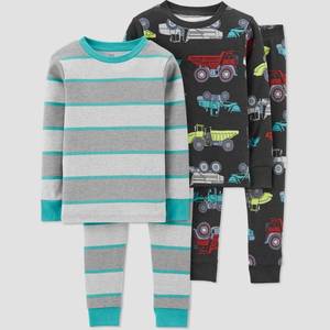lot 5882 image: Carters Just One You Toddler Boys 4pc Trucks and Striped Pajama Set - GrayBlack 3T