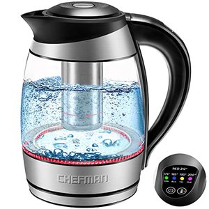 lot 6549 image: Chefman Electric Kettle wTemperature Control, Removable Tea Infuser, 5 Presets LED Indicator Lights, 360° Swivel Base, BPA Free, Stainless Steel, 1.8 Liters