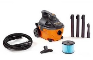 lot 1207 image: RIDGID 4 Gallon 5.0 Peak HP Portable WetDry Shop Vacuum with Fine Dust Filter, Locking Hose and Accessories, OrangesPeaches