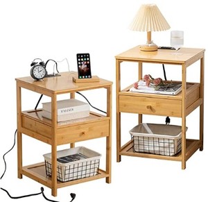 lot 6555 image: HAZWEOU Nightstand Set of 2 with Charging Station,End Tables with USB Ports and Outlets, End Table Bedside Table for Living Room,Bedroom(Natural)