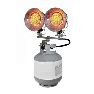 lot 1298 image: Dyna-Glo Double Burner 30,000 BTU Radiant Tank Top Propane Portable Heater, Silver