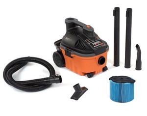 lot 2391 image: RIDGID 4 Gallon 5.0 Peak HP Portable WetDry Shop Vacuum with Fine Dust Filter, Locking Hose and Accessories, OrangesPeaches