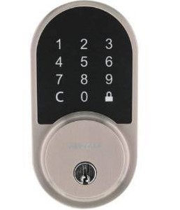 lot 5909 image: Defiant Round Satin Nickel Smart Wi-Fi Deadbolt Powered by Hubspace