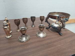 lot 6188 image: Pair of Candle Holders Marked Sterling Weighted with S&P Shakers and 4 Small Stemware