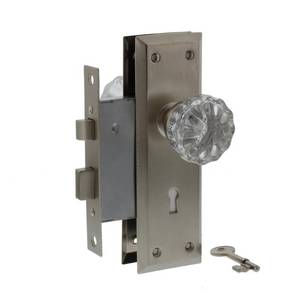 lot 6692 image: Ultra Security Entry Mortise Lock with Skeleton key and glass knobs satin nickel