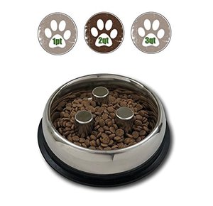 lot 16812 image: Top Dog Chews Brake-Fast Slow Feed Stainless Steel Bowls (2 Quart, 64oz, 5 Cups)