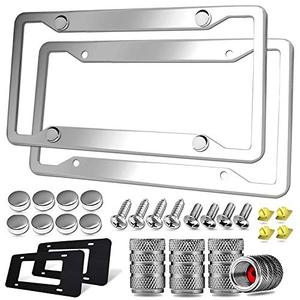 lot 16824 image: Stainless Steel License Plate Frame- 2 Pack License Plate Holder, with Screws, Chrome Caps, Heavy Duty Rustproof Metal Front Rear Car Tag Cover