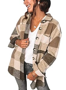 lot 16826 image: SHEWIN Womens Oversized Flannel Plaid Shirts Long Sleeve Lapel Casual Button Down Shacket Jacket Fall Coats with Pockets,US 16-18(XL),Khaki