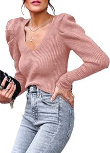 lot 16829 image: PRETTYGARDEN Womens Rib Knit Pullover Sweater Casual Long Puff Sleeve V Neck Solid Color Jumper Blouse Tops (Rose Red,Medium)