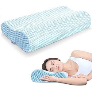 lot 16830 image: Anvo Memory Foam Pillow, Neck Contour Cervical Orthopedic Pillow for Sleeping Side Back Stomach Sleeper, Ergonomic Bed Pillow for Neck Pain - Blue White, Firm