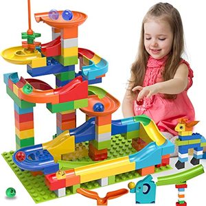 lot 16832 image: COUOMOXA Marble Run Building Blocks Classic Big Blocks STEM Toy Bricks Set Kids Race Track Compatible with All Major Brands 110 PCS Various Track Models for Boys Girls Toddler Age 3,4,5,6,7,8