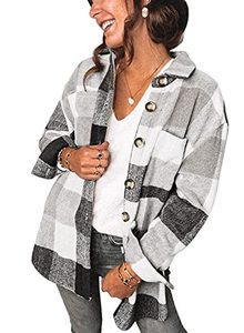 lot 16849 image: SHEWIN Womens Plaid Shirts Long Sleeve Flannel Lapel Casual Plus Size Button Up Shacket Jacket Coats with Pockets,US 18-20(2XL),Grey