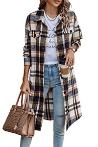 lot 16850 image: PRETTYGARDEN Womens Plaid Shacket 2023 Long Sleeve Button Up Flannel Shirt Winter Tartan Jacket Woolen Coats (Brown,Medium)