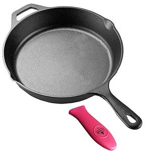 lot 16859 image: 12�� Cast Iron Skillet Frying Pan with Matte Black Enamel Coating �� Thermal Resistant Silicone holders included. Ideal for both Indoor & Outdoor Use, Oven Safe.