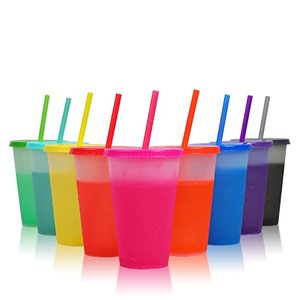 lot 16870 image: Color Changing Cups with Lids & Straws - 16 oz Cute Reusable Plastic Tumblers Bulk  9 Pack Party Funny Tumbler Ice Cold Drinking Cup for Kids & Adults