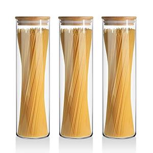 lot 16879 image: ComSaf Glass Spaghetti Pasta Storage Container for Kitchen Pantry with Lids 47oz Set of 3, Tall Clear Airtight Food Storage Jar with Sealing Wood Cover for Noodles Flour Cereal Sugar Tea Coffee Beans