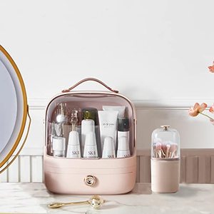 lot 16888 image: MIUOPUR Large Makeup Organizer with Brush Holder, Cosmetic Display Case with Drawer, Waterproof and Dustproof Transparent Cover, Portable Handle, Suitable for Bathroom and Bedroom -Pink
