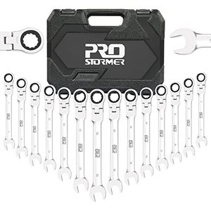 lot 16892 image: Prostormer 14-Piece Flex-Head Ratcheting Wrench Set, 6-19mm Metric Chrome Vanadium Steel Ratchet Wrenches, Combination Ended Spanner Kit with Storage Case