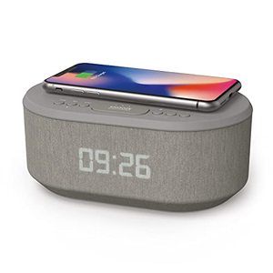 lot 16896 image: i-box Bedside Radio Alarm Clock with USB Charger, Bluetooth Speaker, QI Wireless Charging, Dual Alarm Dimmable LED Display (Grey)