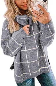 lot 16928 image: ECOWISH Women Pullover Sweater Turtleneck Plaid Long Sleeve Loose Casual Chunky Checked Knitted Winter Sweaters Jumper Tops Gray Medium