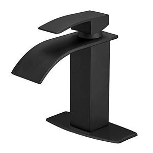 lot 16936 image: BESy Brass Black Waterfall Spout Bathroom Faucet, Single Hole Single Handle Bathroom Sink Faucet, Rv Lavatory Vanity Faucet with Deck Plate, Brass, Matte Black