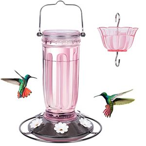 lot 16962 image: Kingsyard Glass Hummingbird Feeder for Outdoors Wild Bird Feeder with 6 Feeding Ports Hanging for Garden Yard, Pink (Ant Moat Included)
