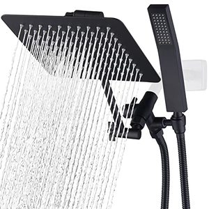 lot 16966 image: G-Promise All Metal Dual Square Shower Head Combo  8 Rain Shower Head  Handheld Shower Wand with 71 Extra Long Flexible Hose  Smooth 3-Way Diverter  Adjustable Extension Arm - A Bathroom Upgrade