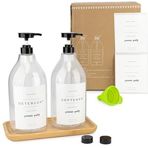 lot 16969 image: Liquid Laundry Detergent Dispenser for Laundry Room - 2 Decorative 64-Oz PET Plastic Containers with Water-Resistant Labels - Includes Pumps and Screw Caps, Collapsible Funnel, Extra Labels & Bamboo Tray
