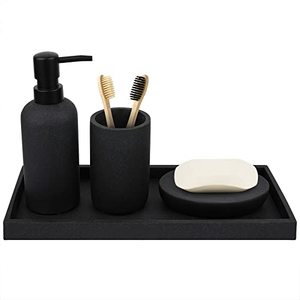 lot 16970 image: TAUVLL Bathroom Accessory Set-4 Pcs Complete Resin Bathroom Counter Vanity Accessories Sets Vanity Tray Lotion DispenserSoap Pump Toothbrush Holder Soap Dish-Matte Black Sandstone Modern Decor
