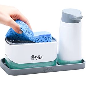 lot 16974 image: OMAIA 4-in-1 Dish Soap Dispenser Set - Kitchen Soap Dispenser with Sponge Holder and Liquid Hand Soap Dispenser and Silicone Tray - Countertop Organizer - Useful Kitchen Gadgets