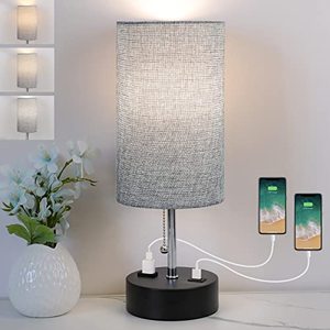 lot 16993 image: 3-Color Temperature Bedside Lamp, Nightstand Lamp with USB Port and AC Outlet, Table Lamp for Bedroom with LED Bulb Small Lamps for Living Room (Gray)