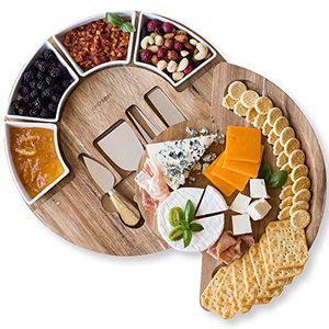 lot 17014 image: Cheese Board Set - Charcuterie Board Set and Cheese Serving Platter - Made from Acacia Wood - US Patented 13 inch Cheese Cutting Board and Knife Set for Entertaining and Serving - 4 Knives and 4 Bowls