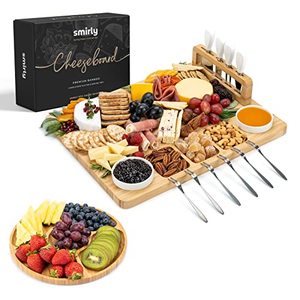lot 17015 image: SMIRLY Bamboo Cheese Board and Knife Set Large Charcuterie Boards Set, Cheese Tray Platter - Unique House Warming Gifts New Home, Anniversary Wedding Gifts for Couple, Bridal Shower Gift for Women