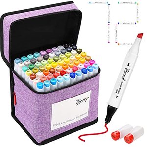 lot 17020 image: Bianyo 72 Primary Colors Alcohol Markers Set, Double Tipped Bullet & Chisel Art Marker Set for Artist, Adults Coloring, Drawing, Sketching, 71 Classic Colors1 Blender1 Swatch1 Purple Travel Case