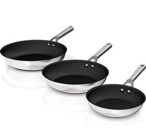 lot 2104 image: Ninja Foodi NeverStick Stainless 8-Inch, 10.25-Inch, &amp 12-Inch Fry Pan Set, Polished Stainless-Steel Exterior, Nonstick, Durable &amp Oven Safe to 500°F, Silver Retails $150