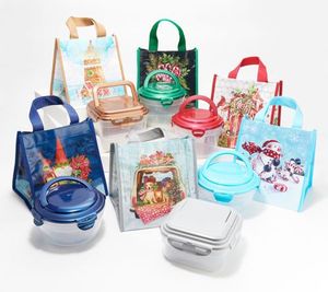 lot 2308 image: LocknLock Set of 6 Multi-Shape Containers with Holiday Bags, NEW in Plastic