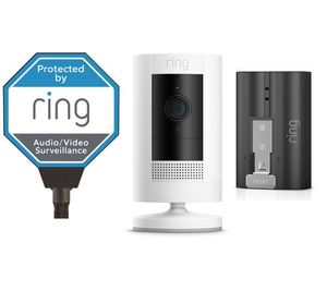 lot 2328 image: Ring Stick-Up IndoorOutdoor Cam w Battery, Solar, Retails--$180, appears new, see photos
