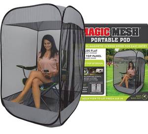 lot 2372 image: Magic Mesh Personal Portable Pod Modular Design, See-Through Mesh, Lets Fresh Air in, Pops Up in Seconds, Magnetic Door Panel, Fits One Adult & Folding Chair- 59 x 37.4 x 37.4 Retails $58