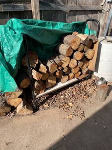 lot 2005 image: Fire wood on rack with green tarp