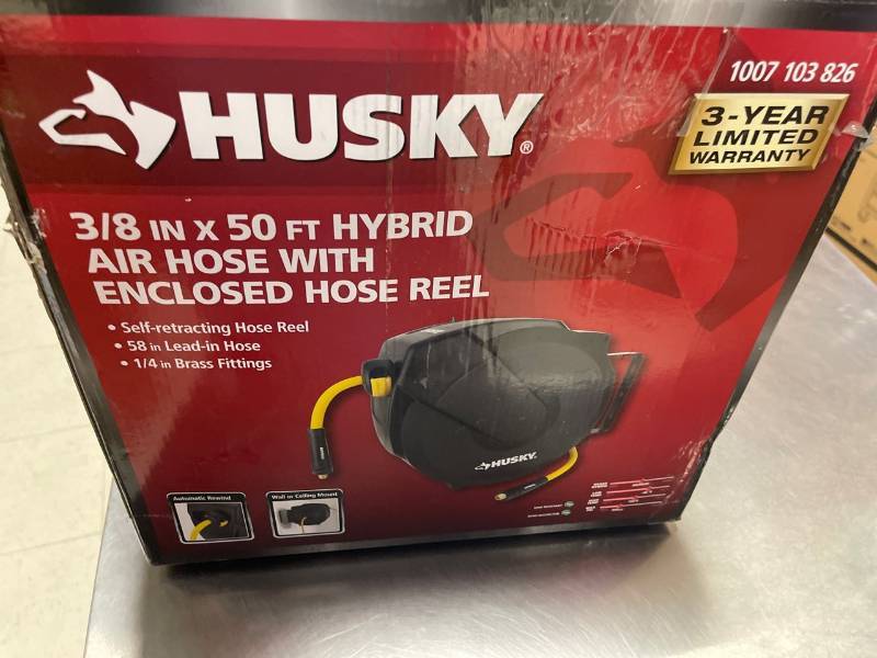 Husky 3/8 in. x 50 ft. Enclosed Hybrid Air Hose Reel  TOP Auction: Click  here for amazing deals! Patio chairs, range hoods, ac unit, BBQ smoker, Gas  grill,dyson vacuum, husky mechanics