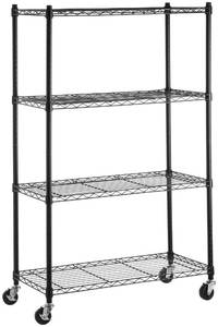 lot 2780 image: Retail $69.94Amazon Basics 4-Shelf Adjustable, Heavy Duty Storage Shelving Unit on 3 Wheel Casters, Metal Organizer Wire Rack, Black (36L x 14W x 57.75H)-
