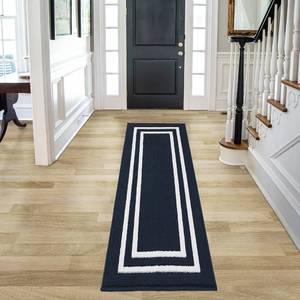 lot 2782 image: Retails$69.00-Nautica Runner Rug  Indoor Carpet for Entryway & Hallway Rug Non-Slip and Non-Skid Entry and Kitchen Door Mat Machine Washable Low Profile Floor Mat  26 x 96 Double Border Light Navy and White