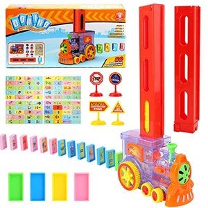 lot 78086 image: MCPINKY Domino Train Set, 80PCS Fun and Colorful Domino Rally Train Building and Stacking Domino with 2PCS Domino Sleeve for Boys and Girls Age 3-8 Kids Creative Gifts