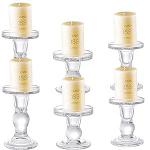 lot 78094 image: Okllen Set of 6 Glass Candle Holders, Clear Pillar Taper Candlestick Crystal Tealight Candle Holder Stand for Dinner Table, Wedding Centerpieces, Living Room, Home Decor