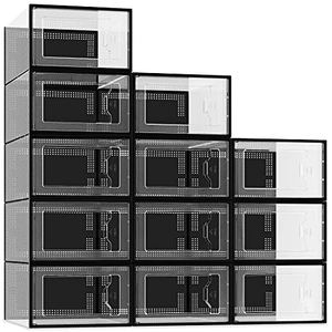 lot 78101 image: SEE SPRING Large 12 Pack Shoe Storage Box, Clear Plastic Stackable Shoe Organizer for Closet, Space Saving Foldable Shoe Rack Sneaker Containers Bins Holders (Black)