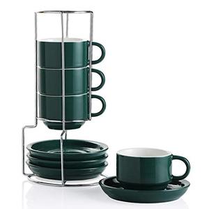 lot 78113 image: SWEEJAR Porcelain Espresso Cups with Saucers, 4 Ounce Stackable Cappuccino Cups with Metal Stand for Coffee Drinks, Latte, Tea - Set of 4 (Jade)