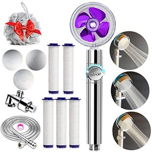 lot 78116 image: High Pressure Shower Heads Handheld Turbo Fan Shower Hydro Jet Shower Head Kit, with Replacement HoseBracketCotton Filters and Bath Loofah, 3 Water Panels for Different Experience Purple
