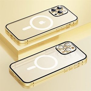 lot 78144 image: HENGHUI Lockable iPhone 13 Pro Magnetic Case Compatible with MagSafe Charging with Glitter Camera Lens Protector Screen Protector Matte PC Translucent Aluminum Bumper Case (Gold)